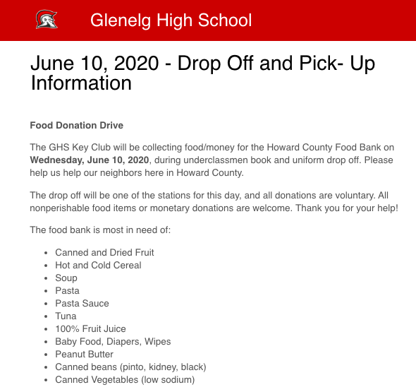 June 10, 2020 - Drop Off and Pick- Up Information