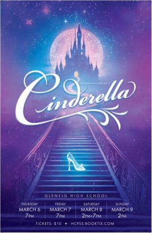 Cinderella spring musical promotional poster with the title placed in front of Cinderella's castle and her glass slipper on a staircase.